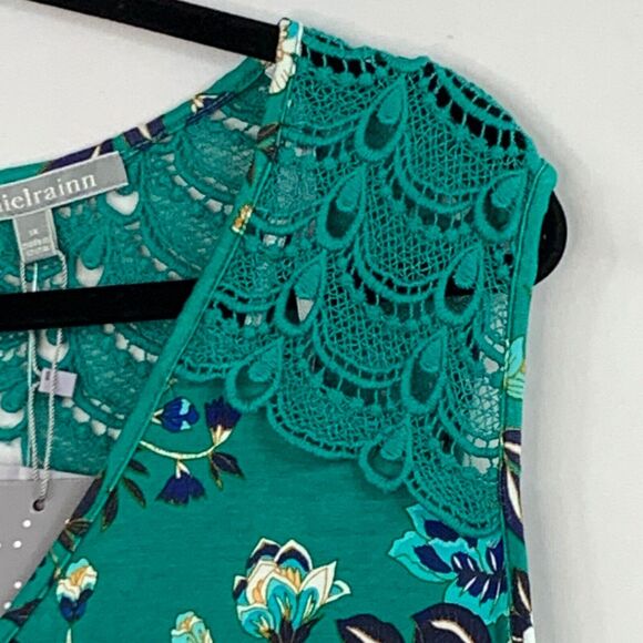 Daniel Rainn Tank Top Women 1X Green Floral Print Fantine Crochet Detail V Neck - Picture 4 of 14